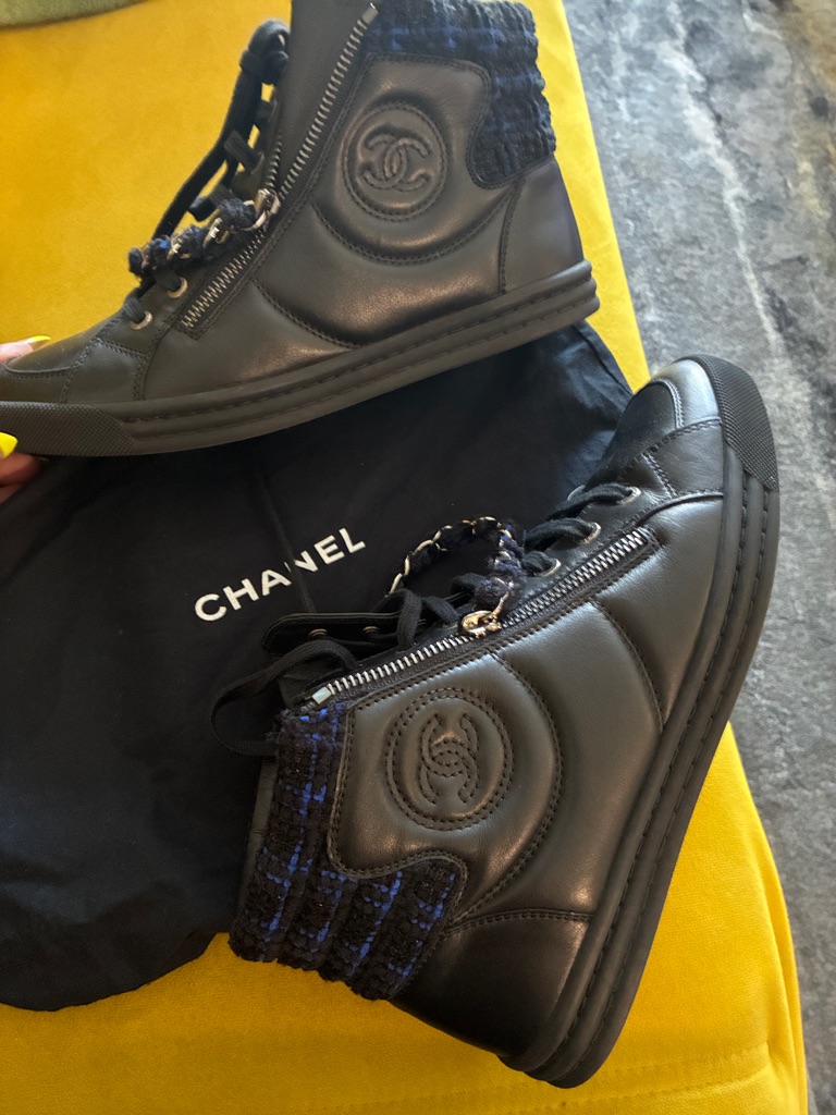 Authentic Size 38.5 Chanel Black Leather High-Top Sneakers W/Navy Tweed Accents